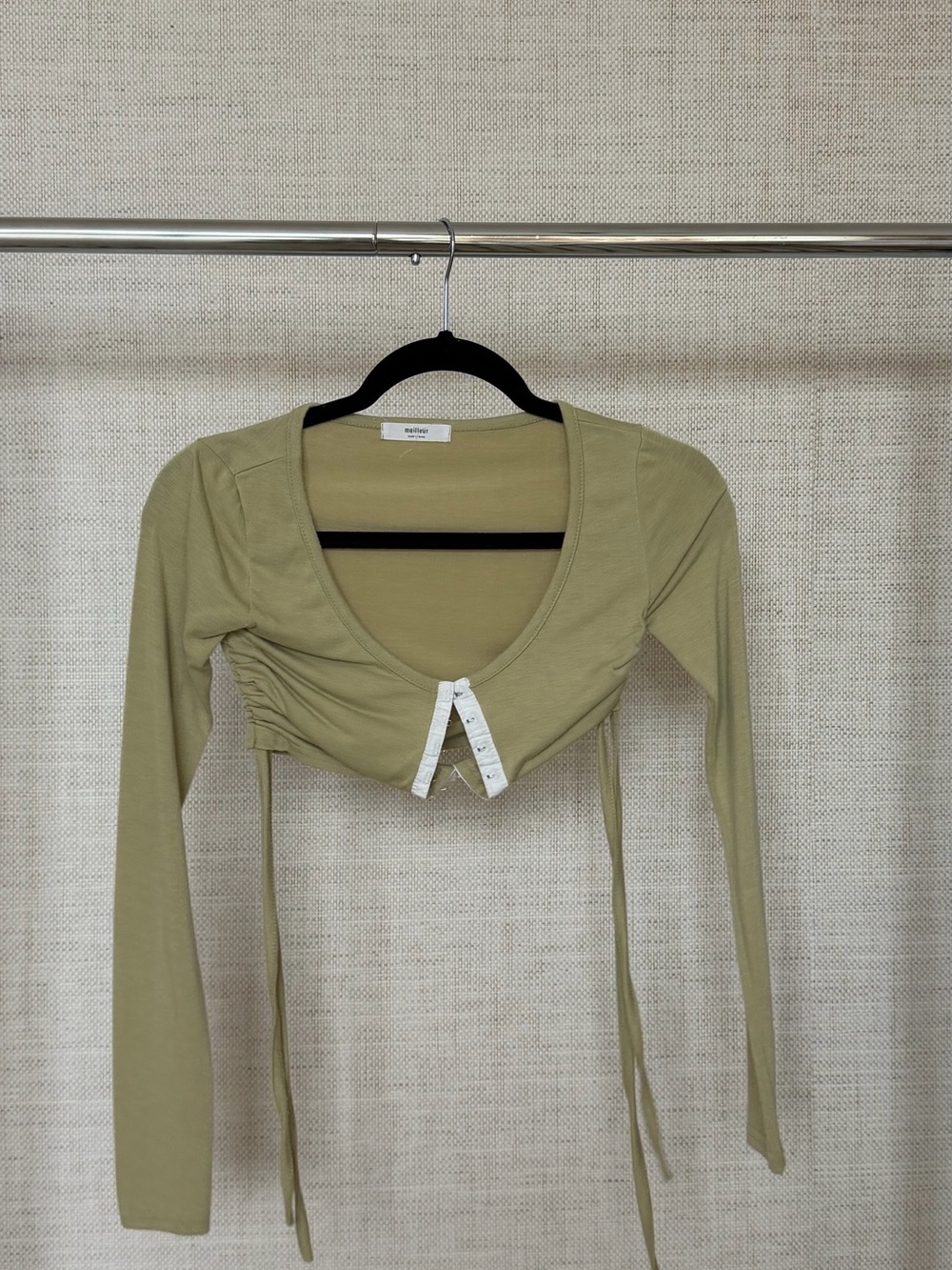 Ribbed Scoop Neck Ruched Crop Top - Olive